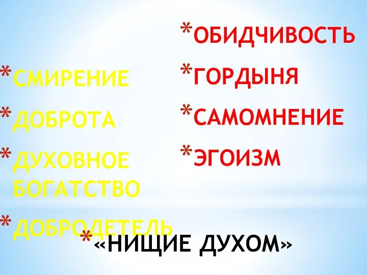 СМИРЕНИЕ ДОБРОТА ДУХОВНОЕ БОГАТСТВО ДОБРОДЕТЕЛЬ ОБИДЧИВОСТЬ ГОРДЫНЯ САМОМНЕНИЕ ЭГОИЗМ «НИЩИЕ ДУХОМ»