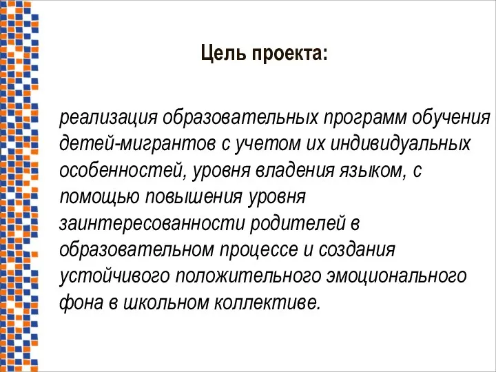 Цель проекта: реализация образовательных программ обучения детей-мигрантов c учетом их индивидуальных