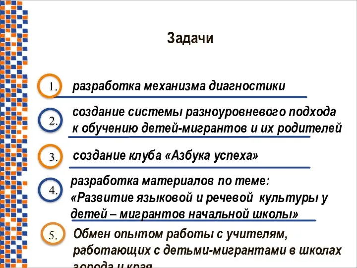 Задачи 1. разработка механизма диагностики 2. 4. 3. создание системы разноуровневого