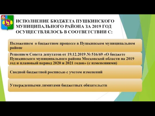 ИСПОЛНЕНИЕ БЮДЖЕТА ПУШКИНСКОГО МУНИЦИПАЛЬНОГО РАЙОНА ЗА 2019 ГОД ОСУЩЕСТВЛЯЛОСЬ В СООТВЕТСТВИИ С: