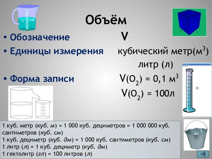 Объём Обозначение V Единицы измерения кубический метр(м3) литр (л) Форма записи