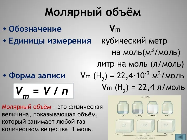 Молярный объём Обозначение Vm Единицы измерения кубический метр на моль(м3/моль) литр