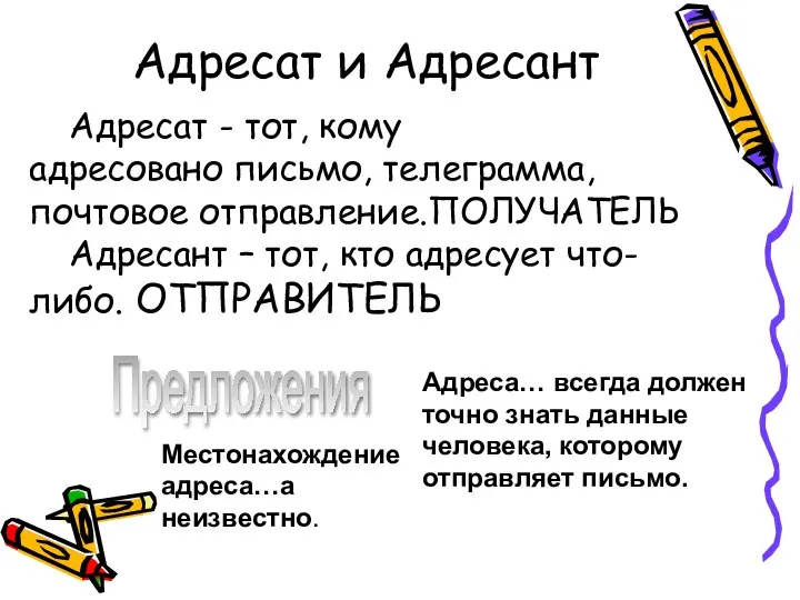 Адресат и Адресант Адресат - тот, кому адресовано письмо, телеграмма, почтовое