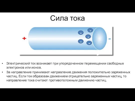 Сила тока Электрический ток возникает при упорядоченном перемещении свободных электронов или