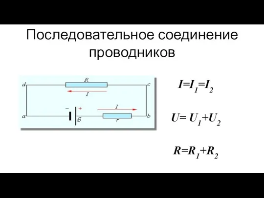 Последовательное соединение проводников I=I1=I2 U= U1+U2 R=R1+R2