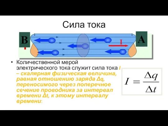 Сила тока Количественной мерой электрического тока служит сила тока I –