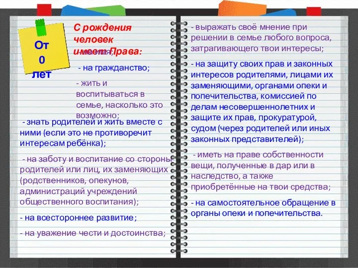 С рождения человек имеет Права: - знать родителей и жить вместе