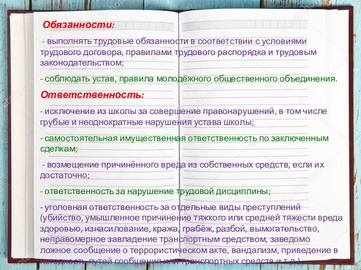 Обязанности: - выполнять трудовые обязанности в соответствии с условиями трудового договора,