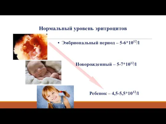 Нормальный уровень эритроцитов Ребенок – 4,5-5,5*1012/l Эмбриональный период – 5-6*1012/l Новорожденный – 5-7*1012/l