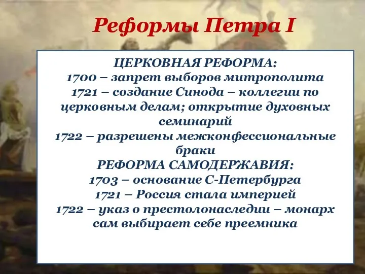 Реформы Петра I ЦЕРКОВНАЯ РЕФОРМА: 1700 – запрет выборов митрополита 1721