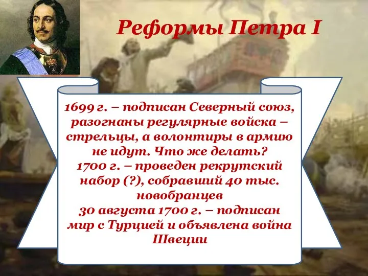 Реформы Петра I 1699 г. – подписан Северный союз, разогнаны регулярные