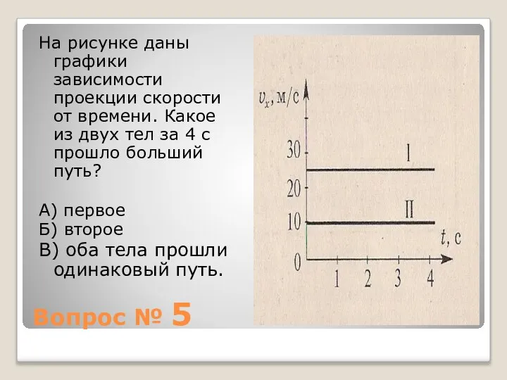 Вопрос № 5 На рисунке даны графики зависимости проекции скорости от