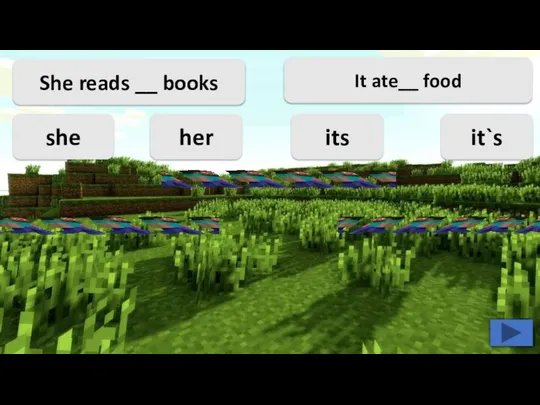 She reads __ books she her its it`s It ate__ food