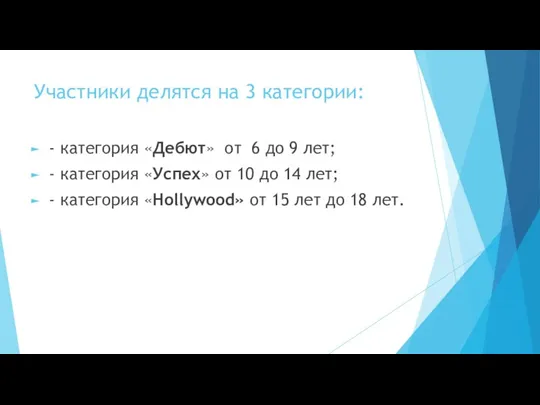 Участники делятся на 3 категории: - категория «Дебют» от 6 до