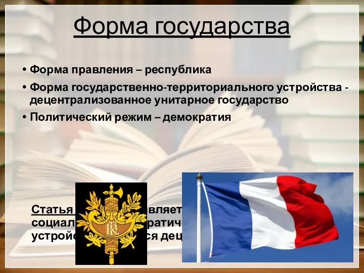 Форма государства Форма правления – республика Форма государственно-территориального устройства - децентрализованное