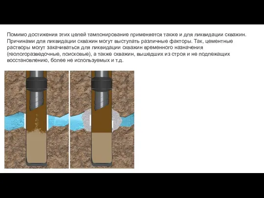 Помимо достижения этих целей тампонирование применяется также и для ликвидации скважин.