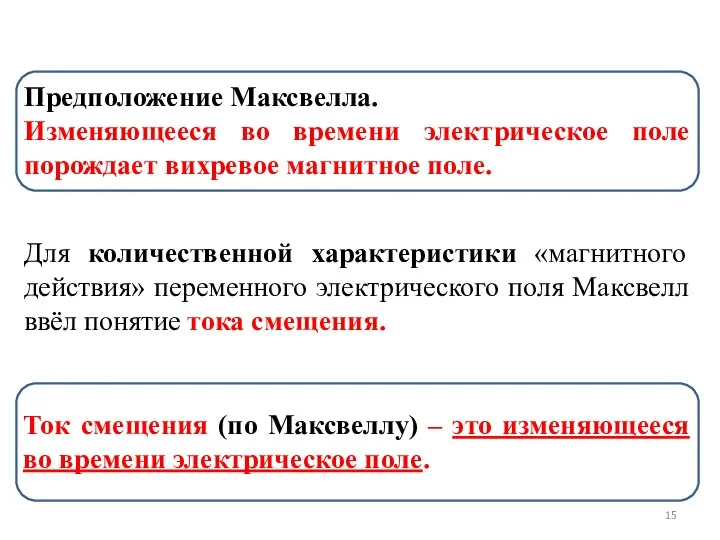 Для количественной характеристики «магнитного действия» переменного электрического поля Максвелл ввёл понятие