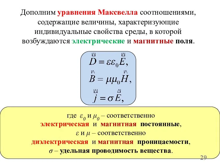 Дополним уравнения Максвелла соотношениями, содержащие величины, характеризующие индивидуальные свойства среды, в