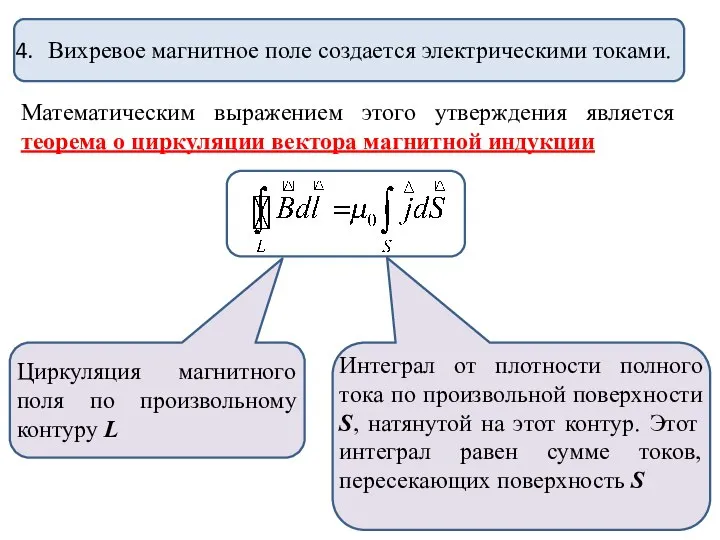 Вихревое магнитное поле создается электрическими токами. Математическим выражением этого утверждения является