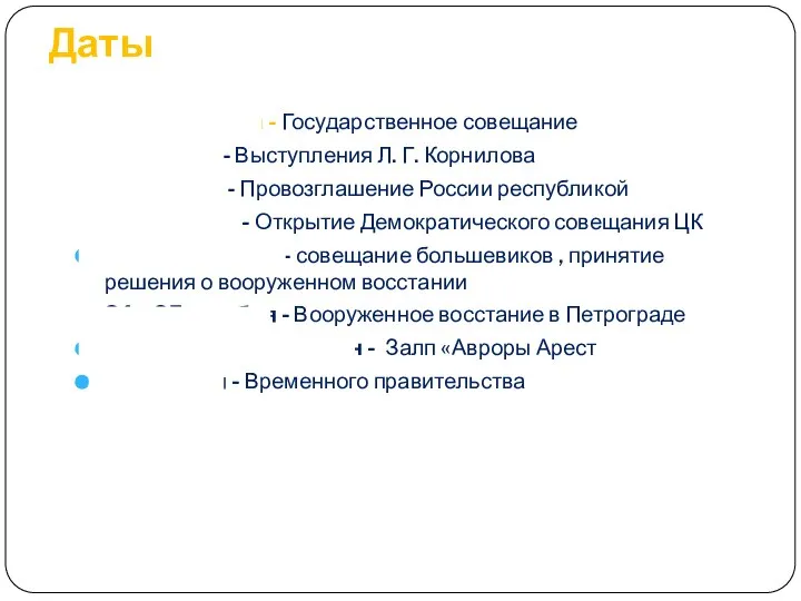 Даты 12—15 августа - Государственное совещание 31 августа - Выступления Л.