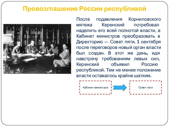 Провозглашение России республикой После подавления Корниловского мятежа Керенский потребовал наделить его