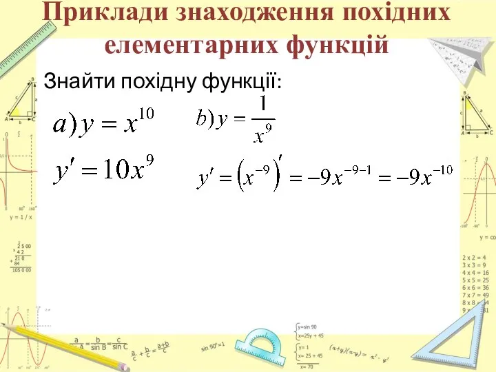 Приклади знаходження похідних елементарних функцій Знайти похідну функції: