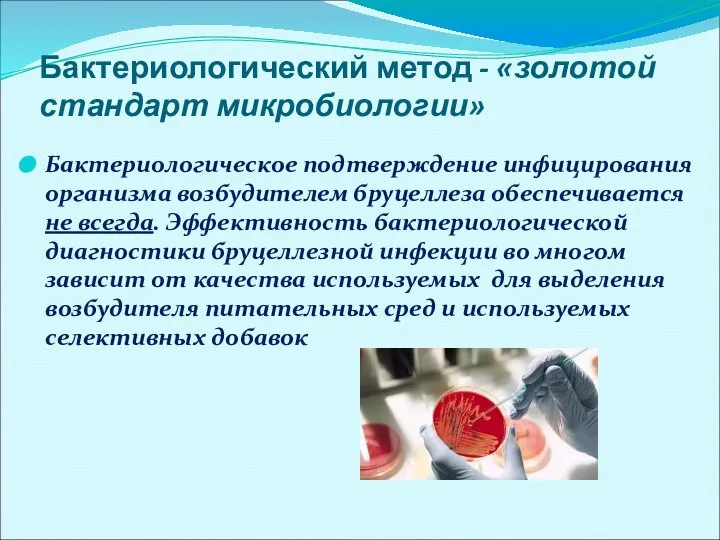 Бактериологический метод - «золотой стандарт микробиологии» Бактериологическое подтверждение инфицирования организма возбудителем