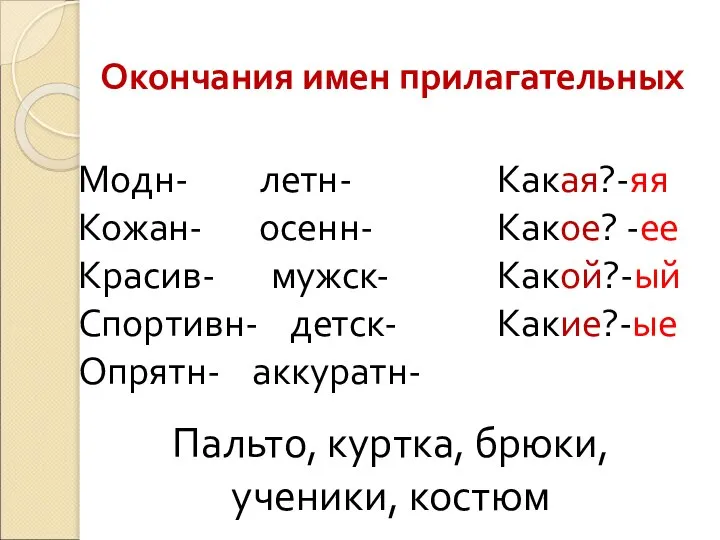 Окончания имен прилагательных Модн- летн- Кожан- осенн- Красив- мужск- Спортивн- детск-