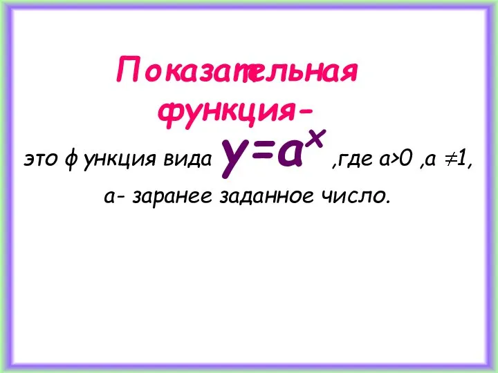 Показательная функция- это функция вида y=ax ,где a>0 ,a 1, a- заранее заданное число.