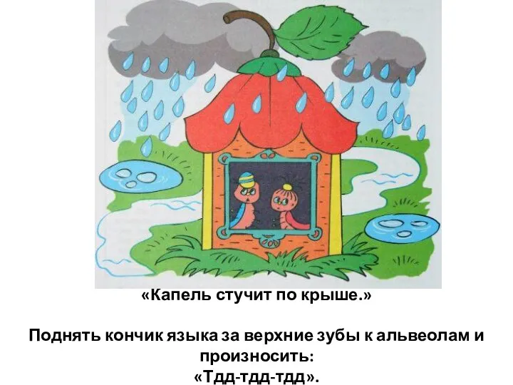 «Капель стучит по крыше.» Поднять кончик языка за верхние зубы к альвеолам и произносить: «Тдд-тдд-тдд».