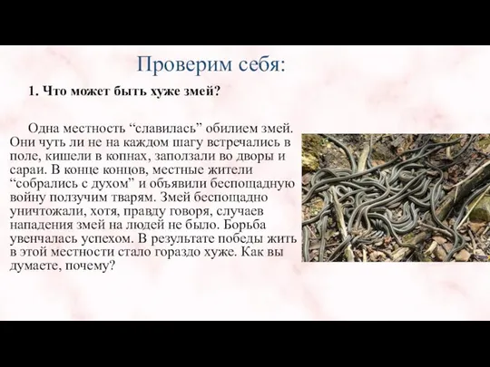 Проверим себя: 1. Что может быть хуже змей? Одна местность “славилась”