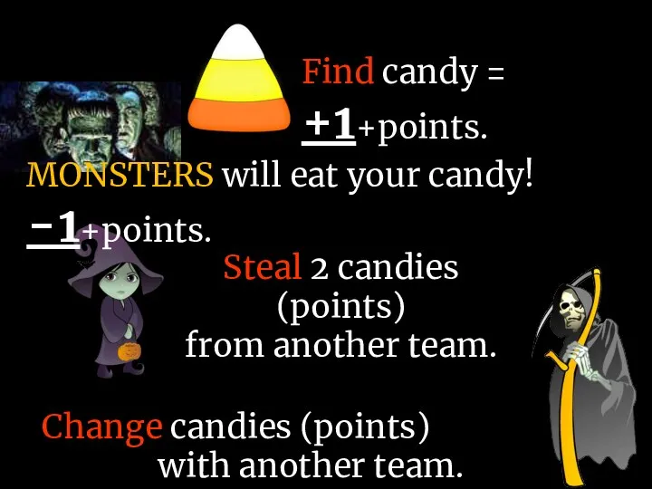 Steal 2 candies (points) from another team. Change candies (points) with