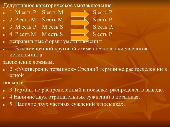 Дедуктивное категорическое умозаключение: 1. М есть Р S есть М S