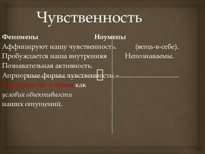 Чувственность Феномены Ноумены Аффицируют нашу чувственность. (вещь-в-себе). Пробуждается наша внутренняя Непознаваемы.