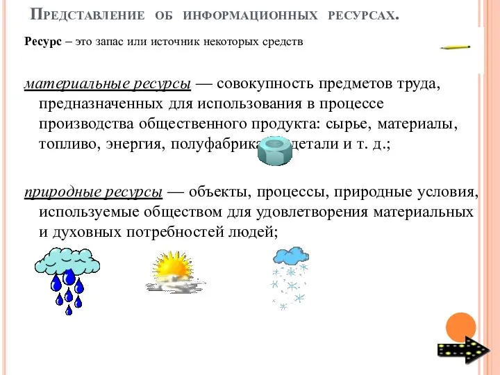 Представление об информационных ресурсах. материальные ресурсы — совокупность предметов труда, предназначенных