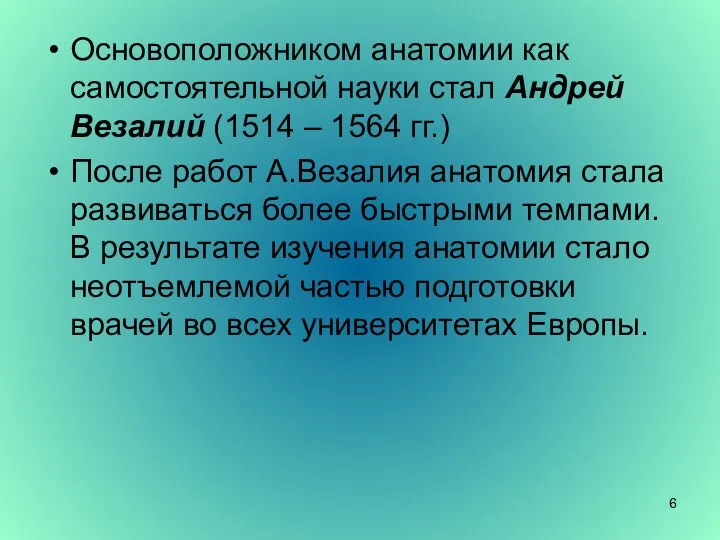 Основоположником анатомии как самостоятельной науки стал Андрей Везалий (1514 – 1564