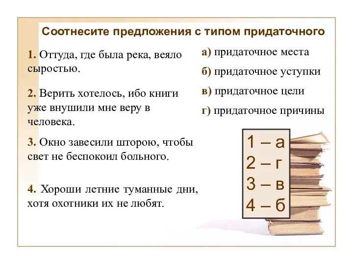 г) придаточное причины в) придаточное цели б) придаточное уступки а) придаточное