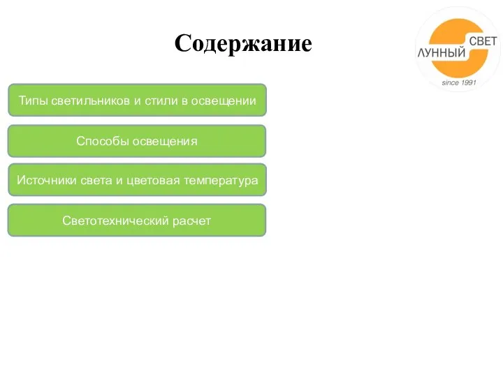 Содержание Типы светильников и стили в освещении Способы освещения Светотехнический расчет Источники света и цветовая температура