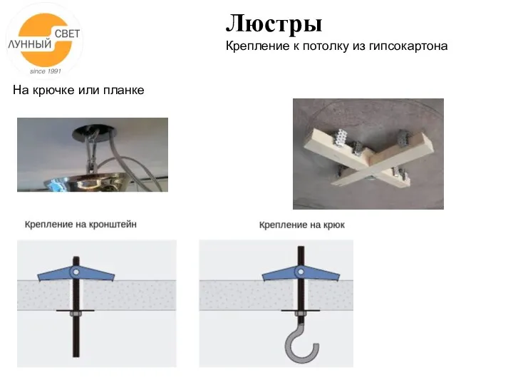 Люстры Крепление к потолку из гипсокартона На крючке или планке