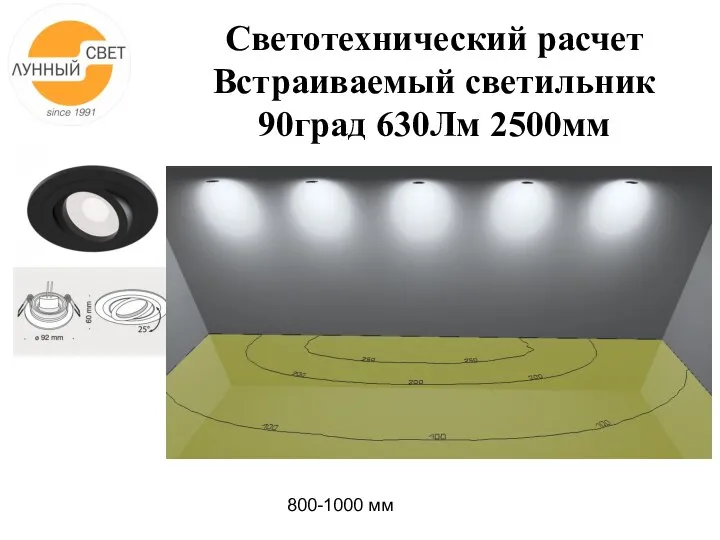 Светотехнический расчет Встраиваемый светильник 90град 630Лм 2500мм 800-1000 мм