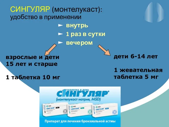 СИНГУЛЯР (монтелукаст): удобство в применении внутрь 1 раз в сутки вечером