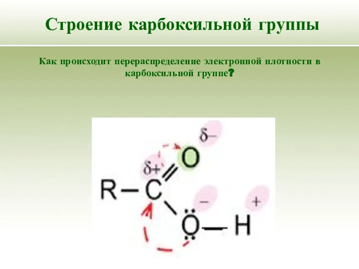 Строение карбоксильной группы Как происходит перераспределение электронной плотности в карбоксильной группе?