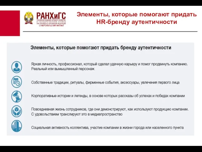 СТАВРОПОЛЬСКИЙ ФИЛИАЛ Элементы, которые помогают придать HR-бренду аутентичности