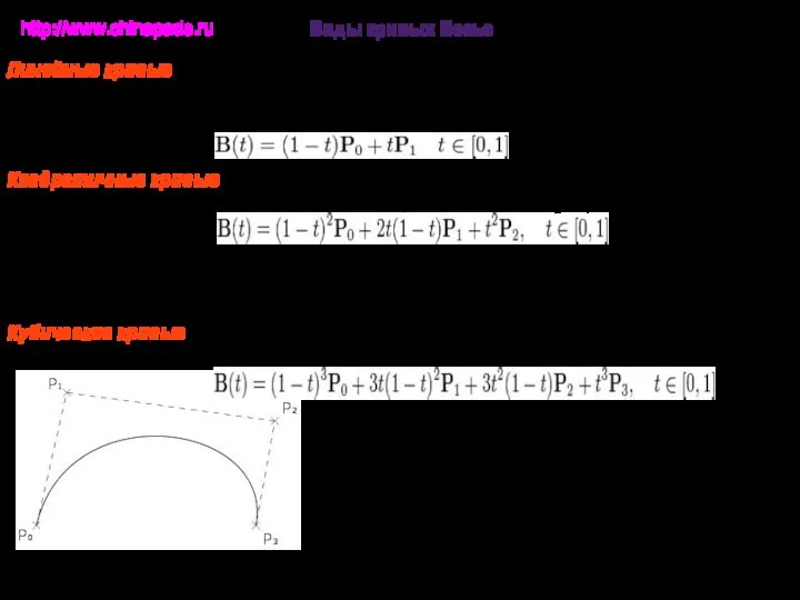 Виды кривых Безье Линейные кривые При n = 1 кривая представляет