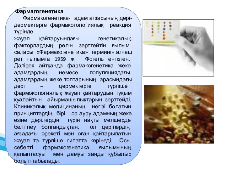 Фармагогенетика Фармакогенетика- адам ағзасының дәрі- дәрмектерге фармакогологиялық реакция түрінде жауап қайтаруындағы