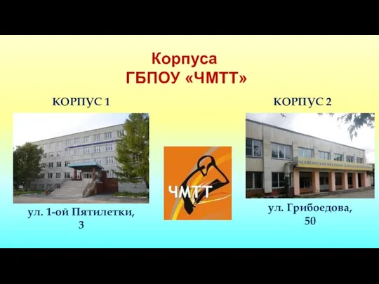 Корпуса ГБПОУ «ЧМТТ» ул. 1-ой Пятилетки, 3 КОРПУС 1 КОРПУС 2 ул. Грибоедова, 50