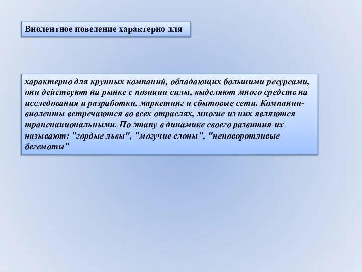 Виолентное поведение характерно для характерно для крупных компаний, обладающих большими ресурсами,