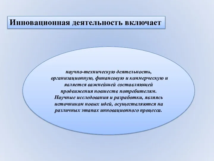 Инновационная деятельность включает научно-техническую деятельность, организационную, финансовую и коммерческую и является