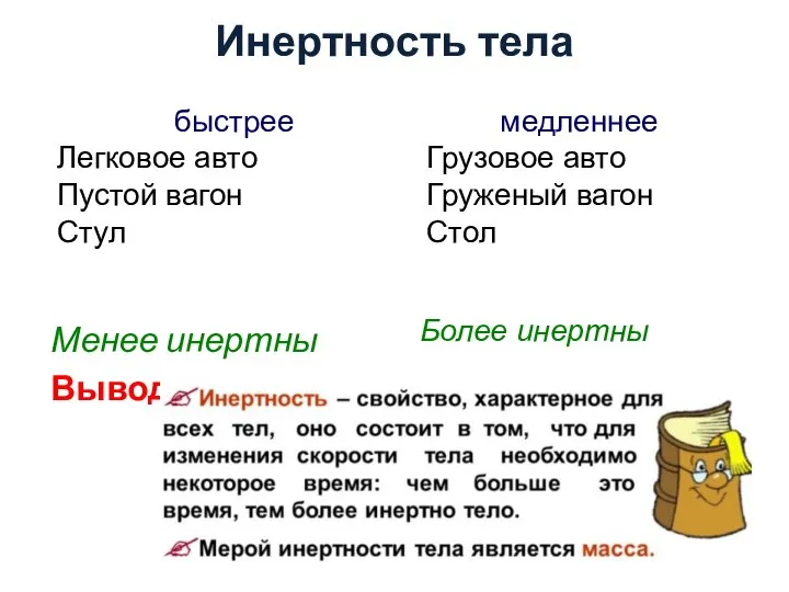 Инертность тела Менее инертны Вывод: Более инертны