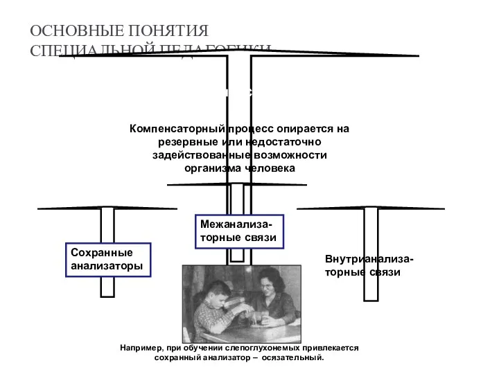 ОСНОВНЫЕ ПОНЯТИЯ СПЕЦИАЛЬНОЙ ПЕДАГОГИКИ Внутрианализа- торные связи Компенсация Компенсаторный процесс опирается